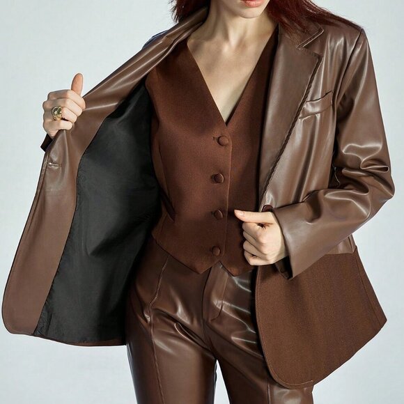 Brown Elegant Women's Style Asymmetrical Design Woven Fabric Patchwork Blazer - Picture 7 of 7